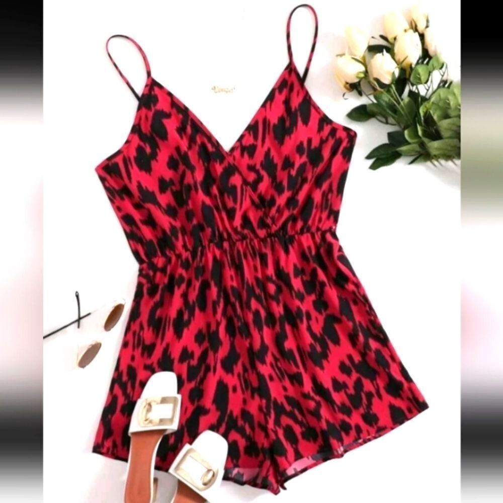 Women's Red Animal Print  Plus Size Romper